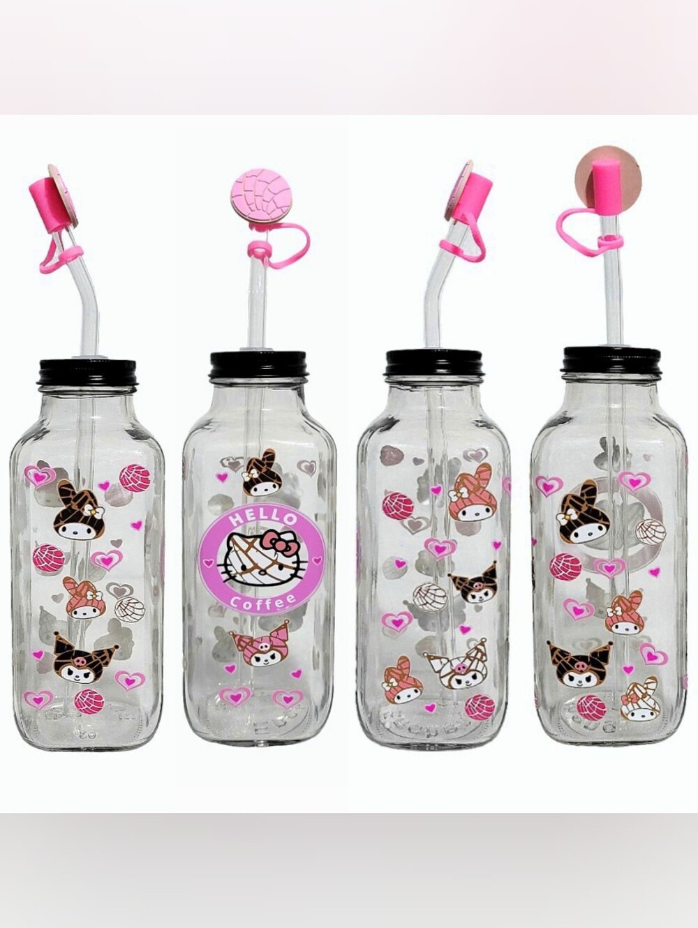 Hello Kitty Glass Bottle Iced Coffee Cup 16oz Pink Black Mexican Concha Design